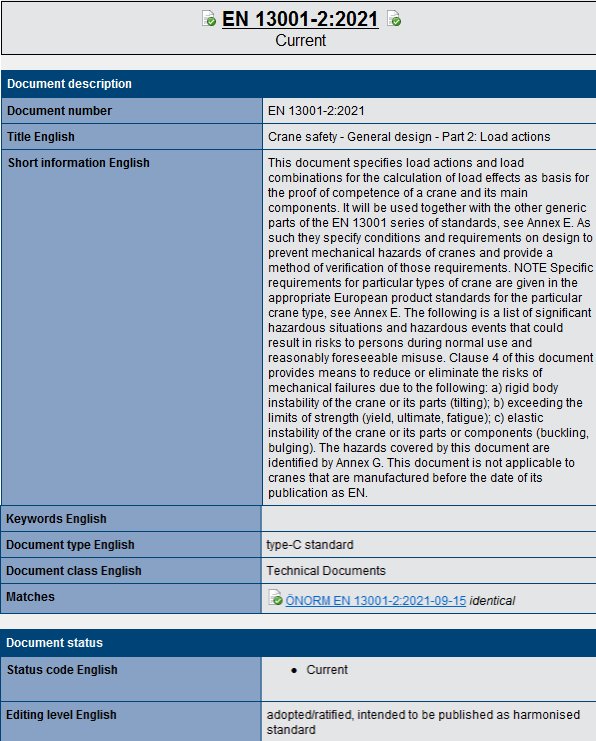 Screenshot of the bibliographical data of the standard EN 13001-2 in Safexpert