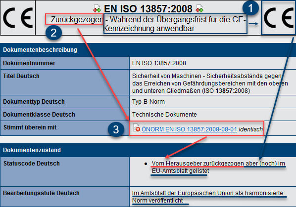 Screenshot der bibliografische Daten zur EN ISO 13857:2008 in Safexpert