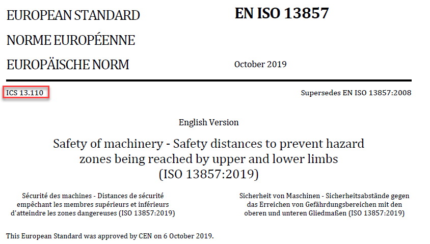 Picture of the European cover sheet of the standard EN ISO 13857:2019 with its ICS belonging