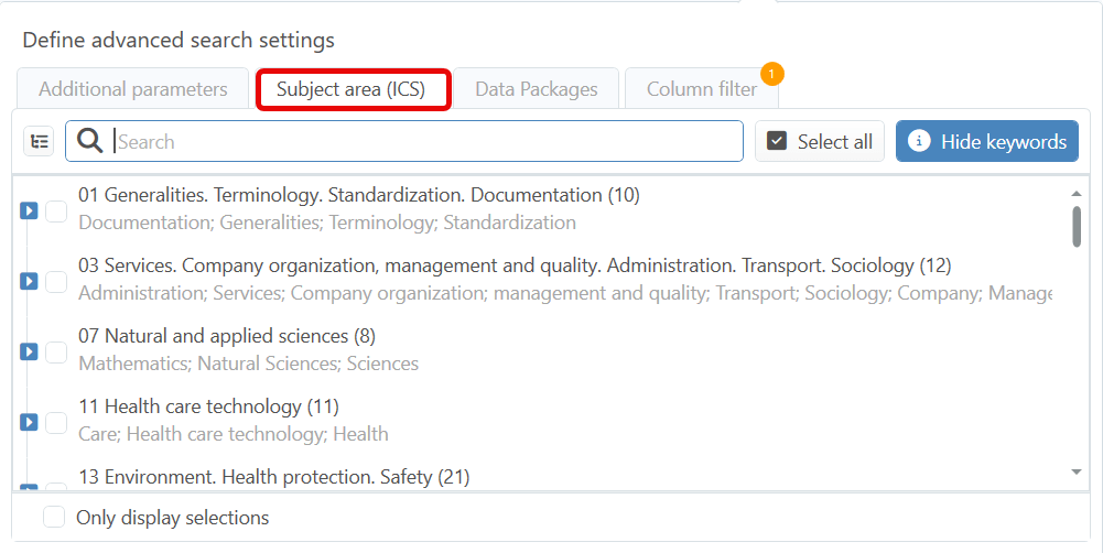 ICS-related search for standards within the Safexpert StandardsManager