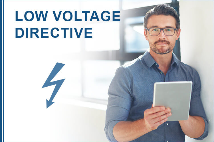 Illustration of a constructor and his notebook next to a lightning with writing "Low Voltage Directive"