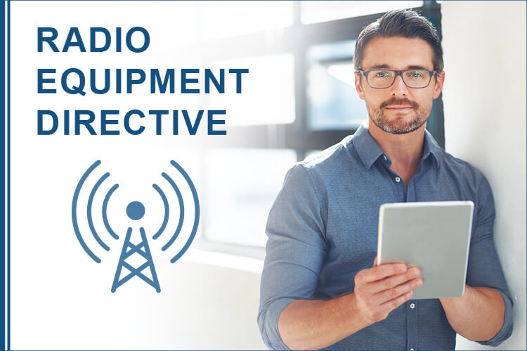 Constructor stands with his notepad next to a virtual transmission mast, above it the lettering Radio Equipment Directive
