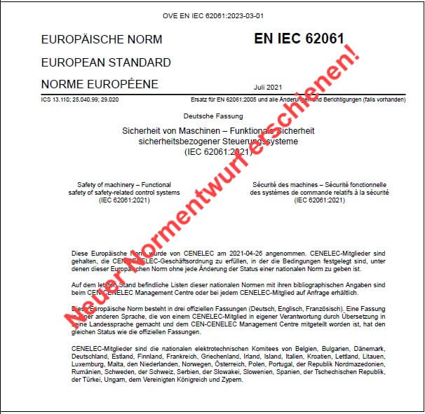 Deckblatt der EN IEC 62061 mit rotem Hinweis zu einem neuen Normentwurf