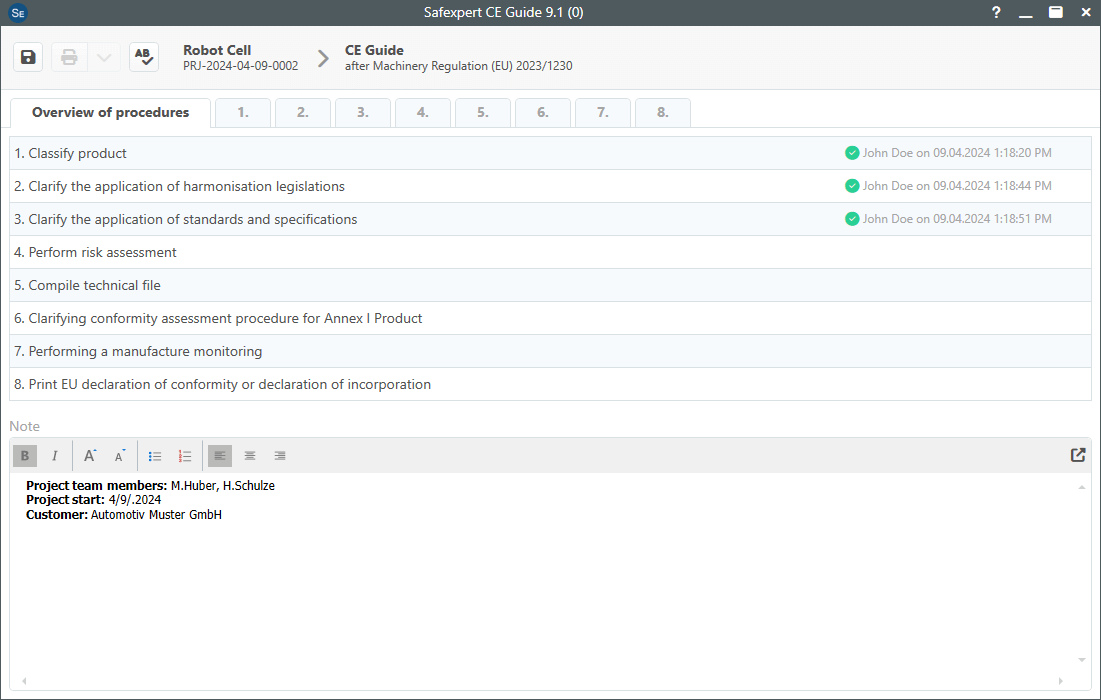Screenshot of Safexpert 9.1 - CE Guide and procedure overview