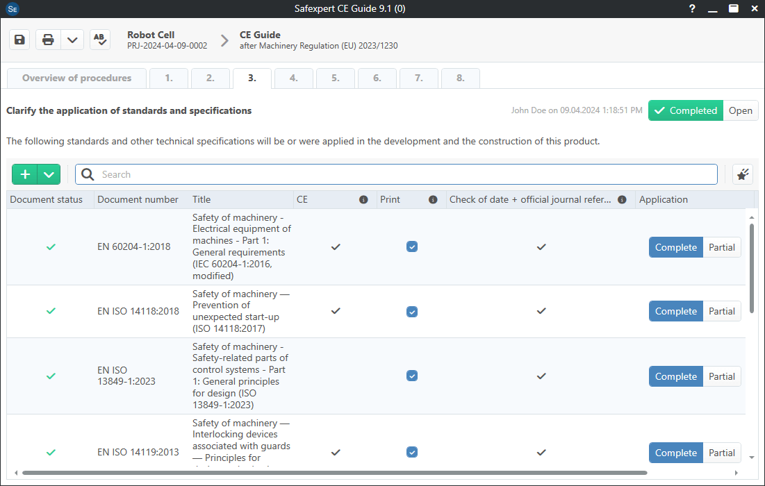 Screenshot of Safexpert 9.1 - CE Guide and application of standards