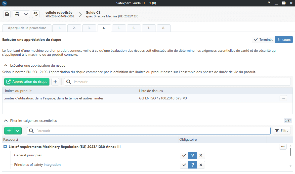 Capture d'écran de Safexpert 9.1 - Guide CE et Appréciation du risque