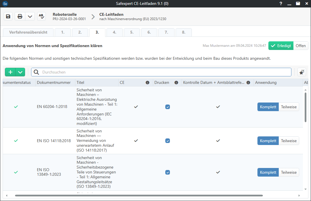 Screenshot von Safexpert 9.1 – Anwendung von relevanten Normen im Projekt klären