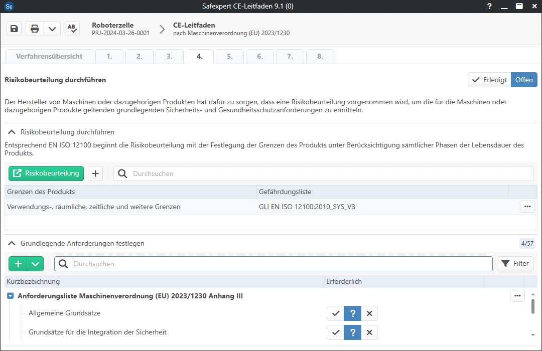 Screenshot von Safexpert 9.1 - Risikobeurteilung öffnen und grundlegende Anforderungen bearbeiten