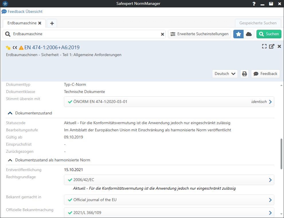 Screenshot der Detaildaten zur Normenrecherche