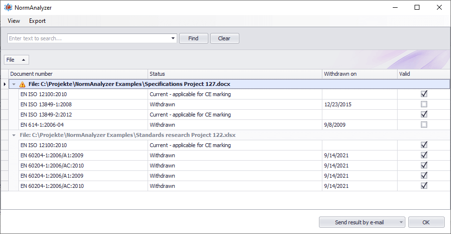 Screenshot of the Safexpert NormAnalyzer to illustrate the evaluation of relevant files