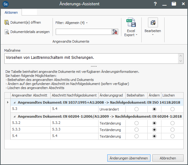 Screenshot vom Safexpert Änderungs-Assistenten - Normen auf Abschnittsebene automatisiert aktualisieren