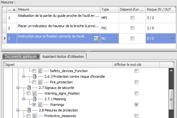 Capture d'écran de l'assistant de mode d'emploi, qui transfère automatiquement les informations sur les dangers résiduels directement dans le modèle de mode d'emploi.