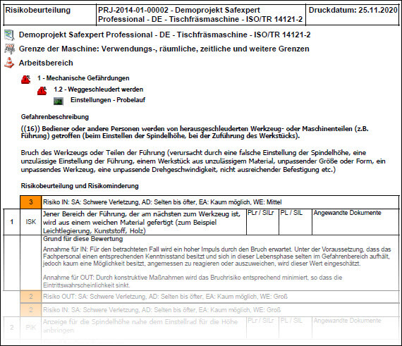 Screenshot der Ausdrucke der Risikobeurteilung in der Software zur Risikobeurteilung