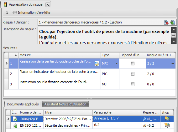 Capture d'écran des références de la norme Safexpert Basic dans l'évaluation des risques