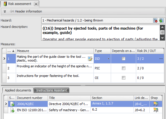 Screenshot of the Safexpert Basic standard references in the risk assessment