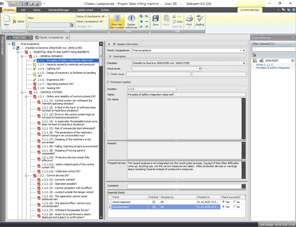 Screenshot of the checklist according to Machinery Directive, Annex 1