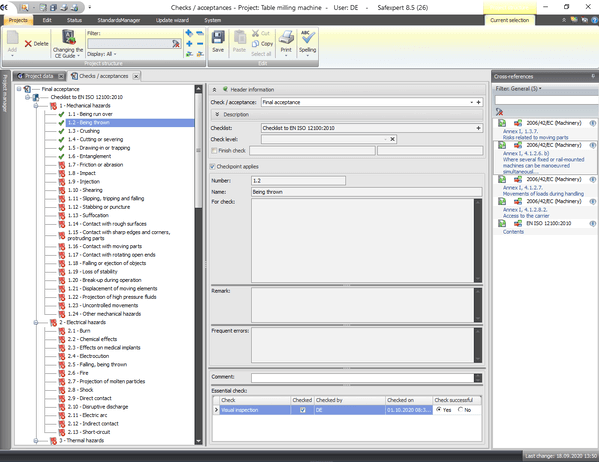 Screenshot of the checklist according to EN ISO 12100:2010 Annex B