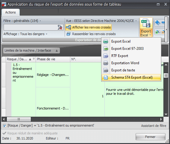 Capture d'écran de la fonction d'exportation de Safexpert vers le système éditorial Schema ST4