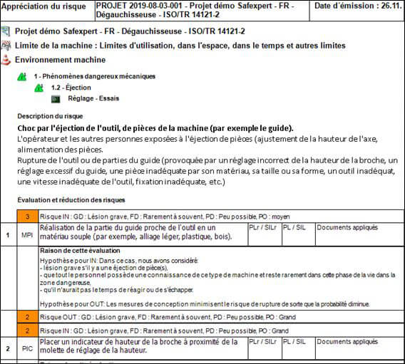 Capture d'écran de l'impression de l'évaluation du risque dans le logiciel d'évaluation du risque