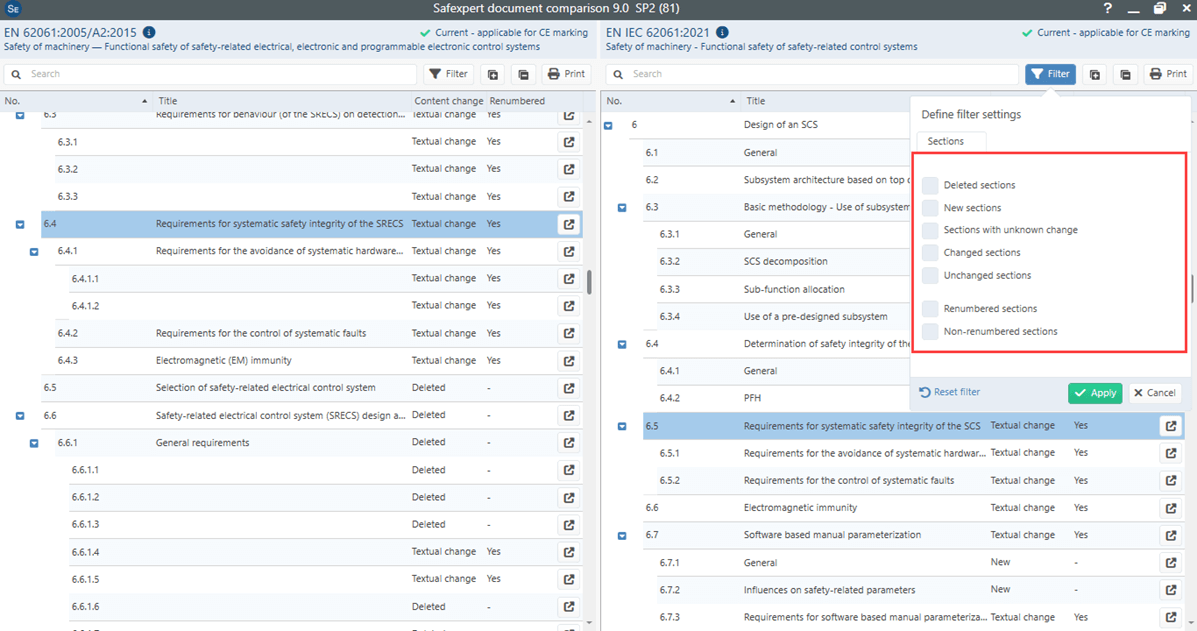 Screenshot of the document comparison in Safexpert 9.0