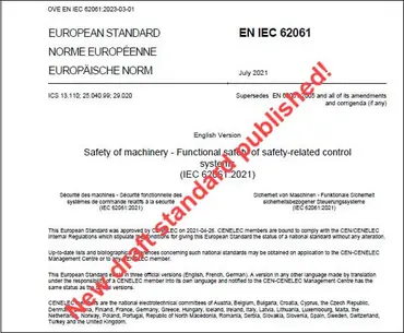Draft standard EN IEC 62061:2021/prA1 (functional safety) published