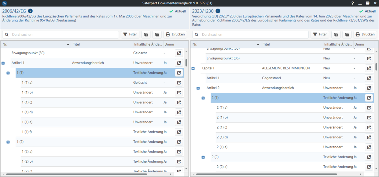 Screenshot zur Darstellung des Dokumentenvergleichs "Maschinenrichtlinie - Maschinenverordnung"