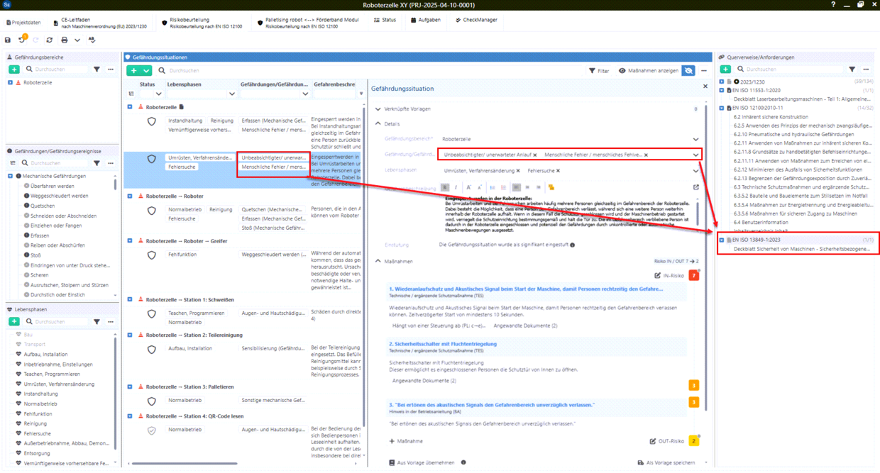 Screenshot aus Safexpert mit Verweisung zu einer Querverweisliste nach EN ISO 13849-1:2023