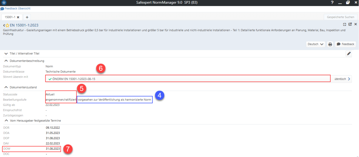 Screenshot in Safexpert zu bibliografischen Daten der Norm EN 15001-1