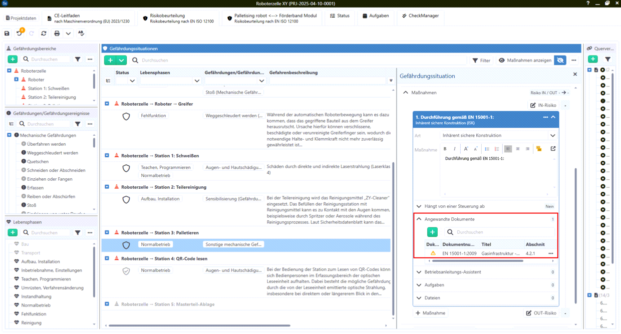 Screenshot in Safexpert zu angewandten Dokumenten in der Risikobeurteilung