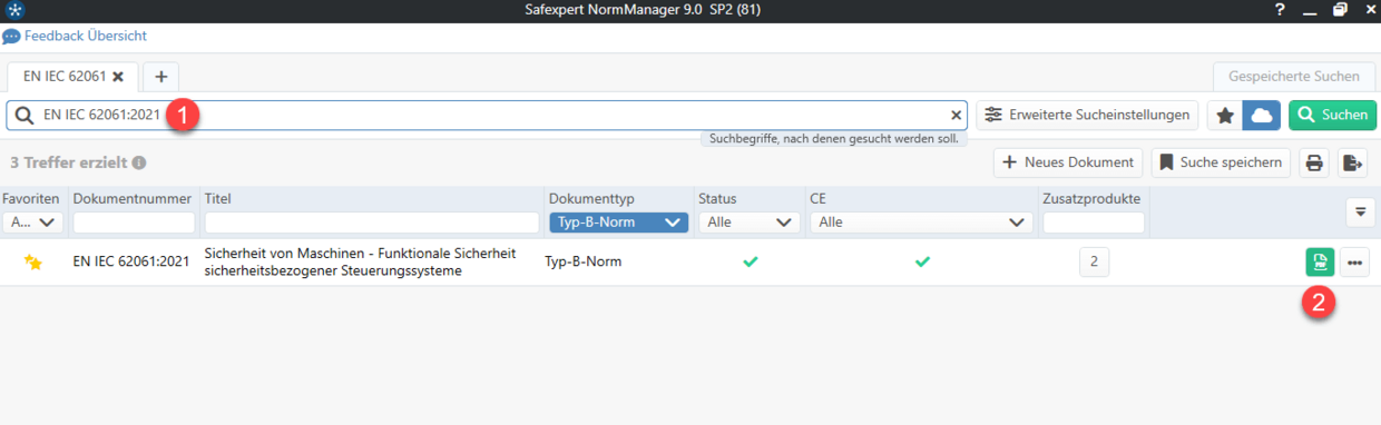 Screenshot des Safexpert NormManagers zur Normensuche