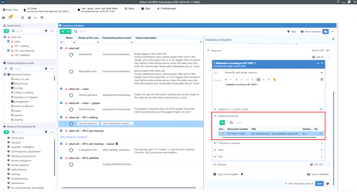 Screenshot from applied documents in a Risk Assessment in Safexpert