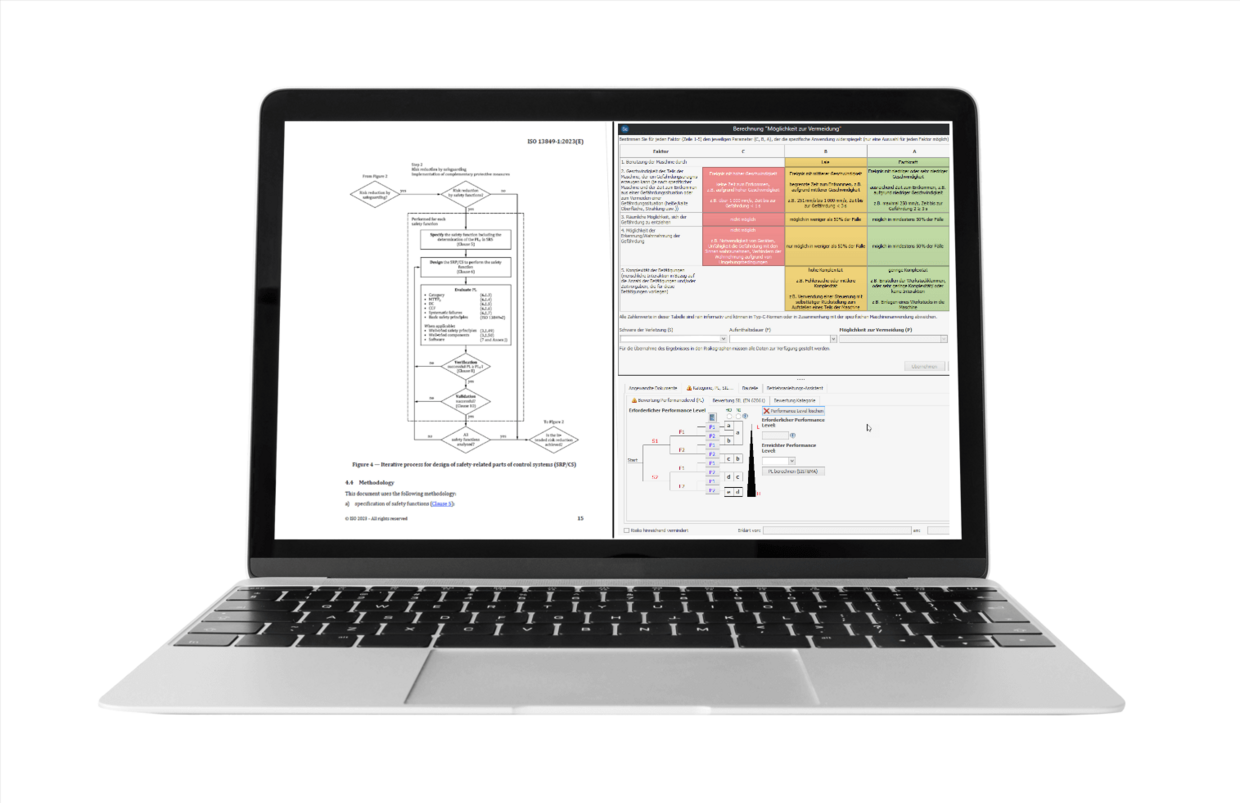 Grafische Darstellung eines Bildschirms, welcher den Normenvolltext sowie Berechnungen des Performance Levels nach EN ISO 13849-1 aufweist 