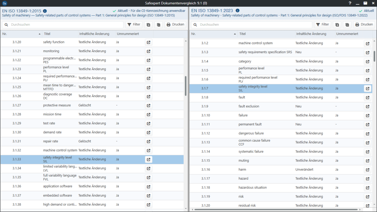 Screenshot aus Safexpert mit Dokumentenvergleich zur EN ISO 13849-1