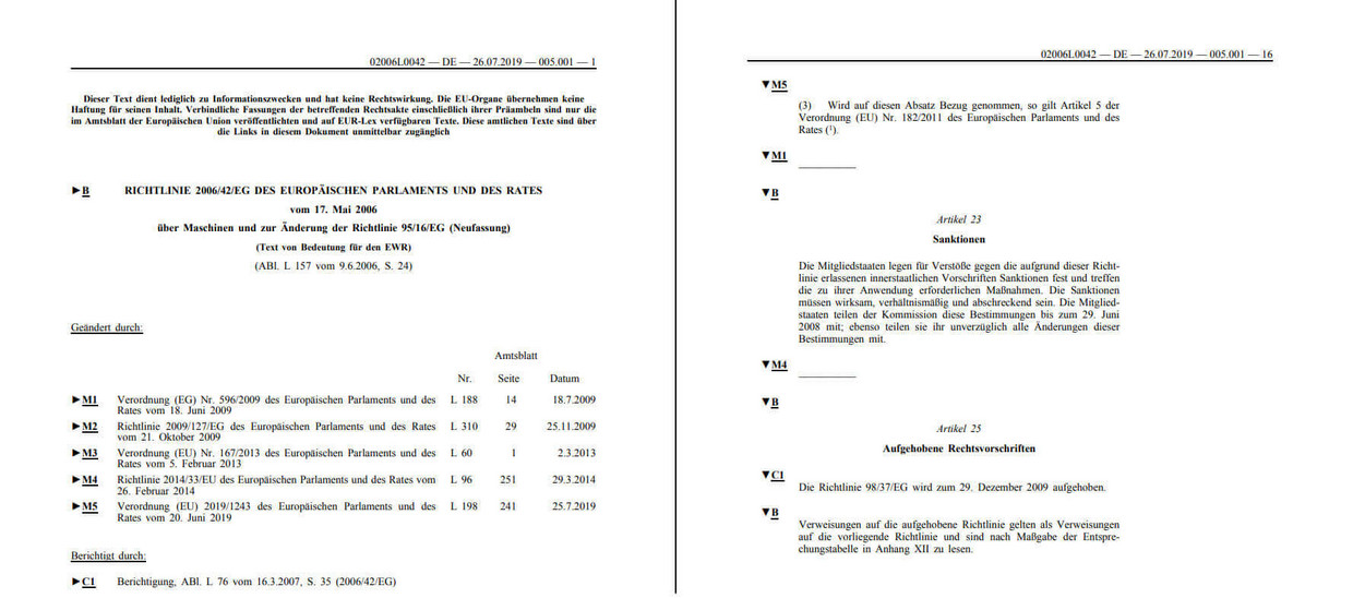 Aufnahme von Deckblatt und Seite 16 der konsolidierten Fassung der Maschinenrichtlinie 2006/42/EG