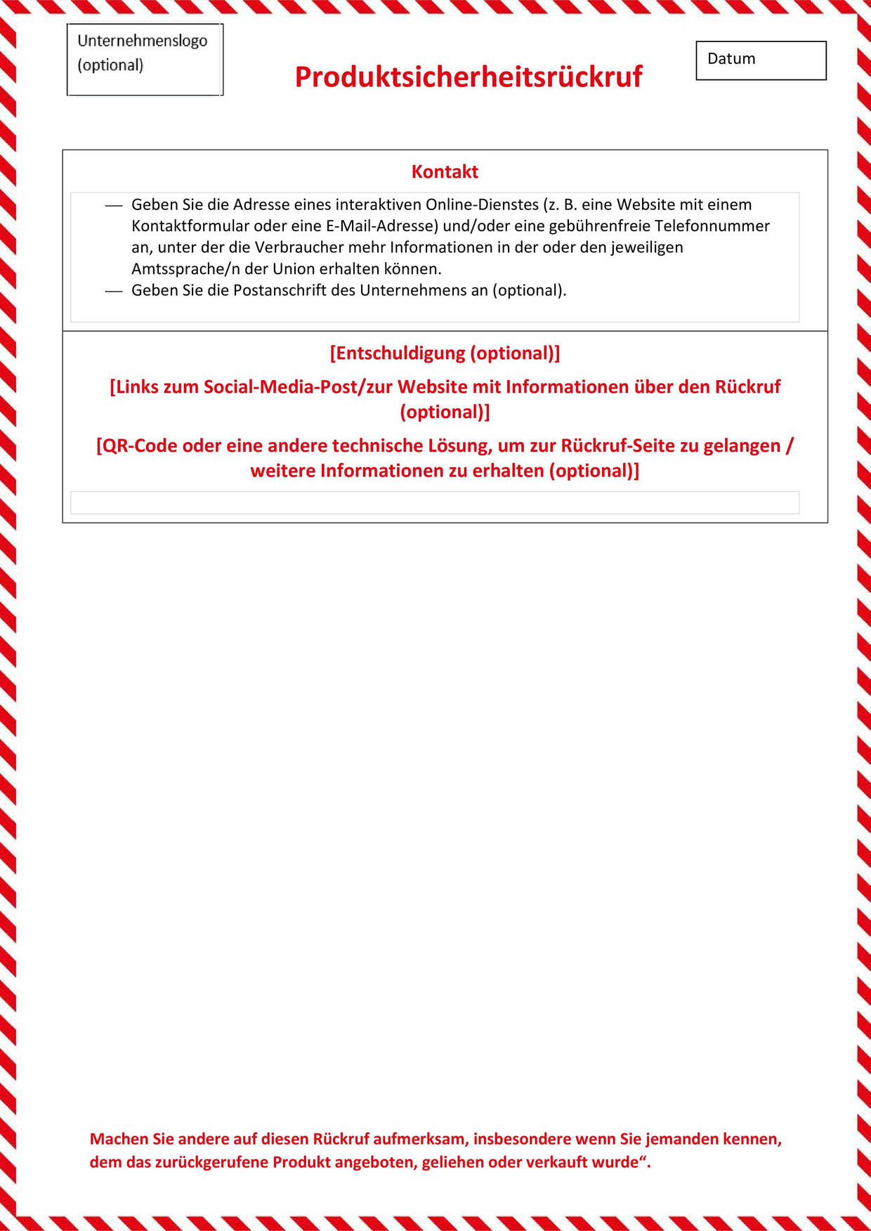Aufnahme der Vorlage eines Produktsicherheitsrückrufs