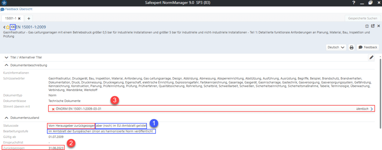 Screenshot in Safexpert zu bibliografischen Daten der Norm EN 15001-1