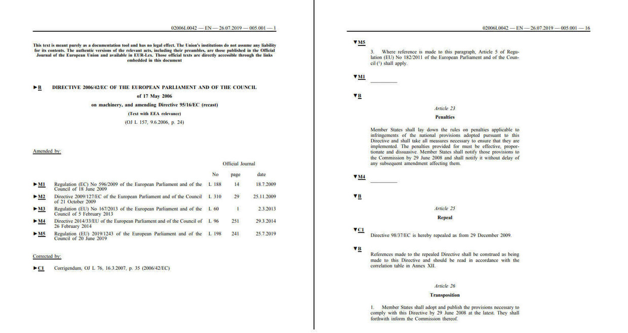 Screenshots of two pages of the consolidated version of the machinery directive