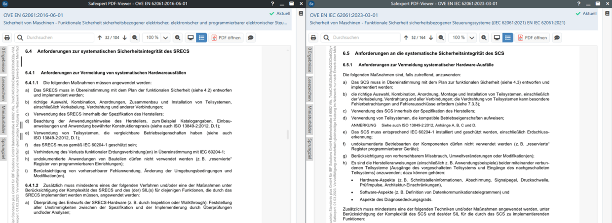 Screenshot de´r Gegenüberstellung zweier PDF-Volltexte in Safexpert 9.0