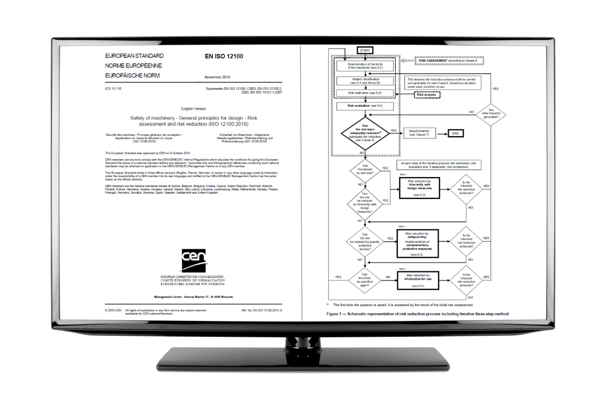 Display of a monitor with various windows for EN ISO 12100