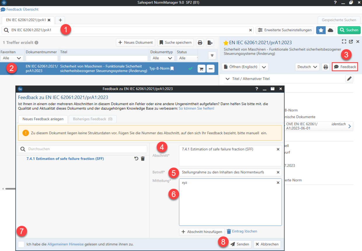 Screenshot des Safexpert NormManagers zur Abgabe von Normenfeedback