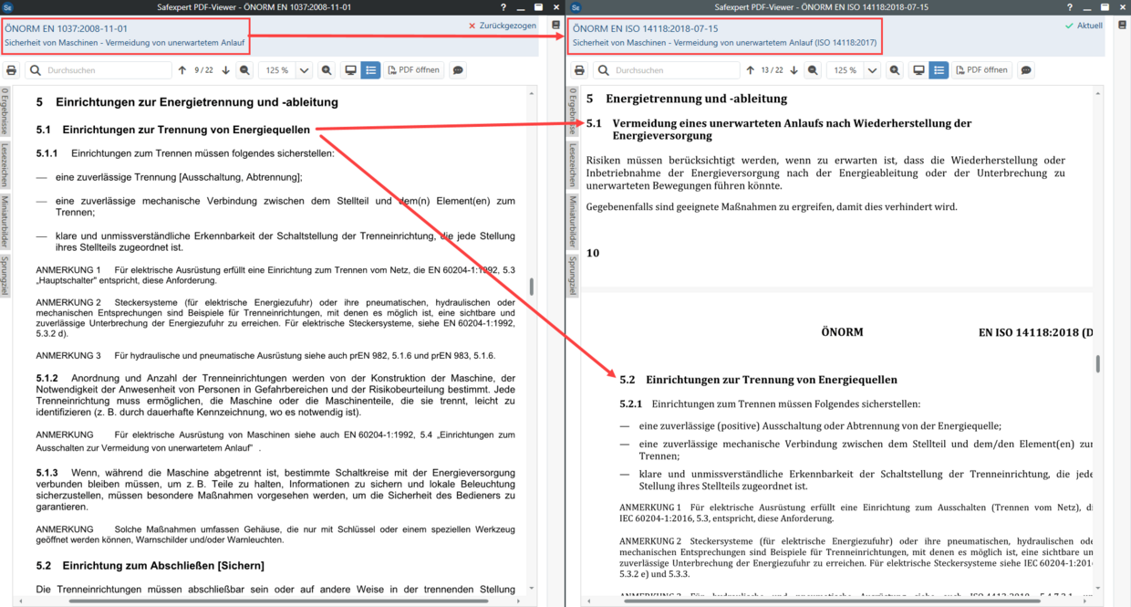 Screenshot der Gegenüberstellung zweier Volltextausgaben in Safexpert
