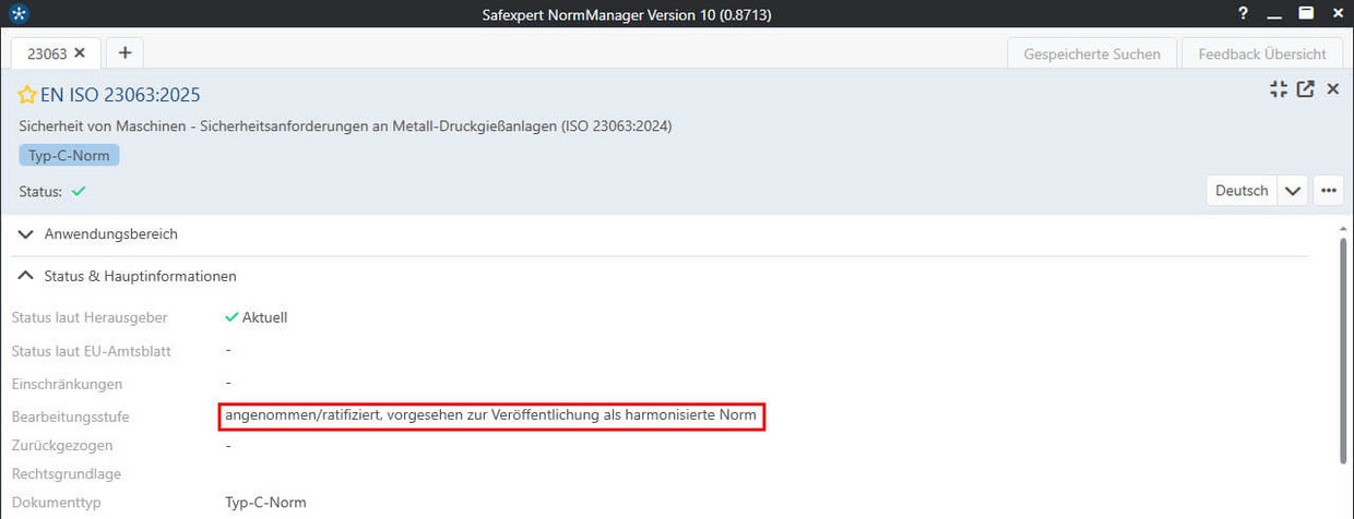 Screenshots der bibliografischen Daten der EN 13001-2 in Safexpert