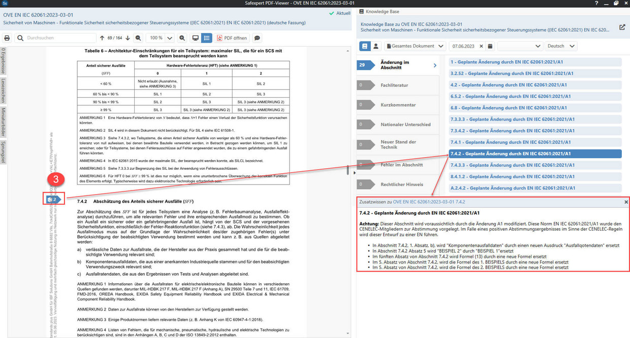 Screenshot zu einer Änderung im Abschnitt in der Safexpert Knowledge Base zur EN IEC 62061