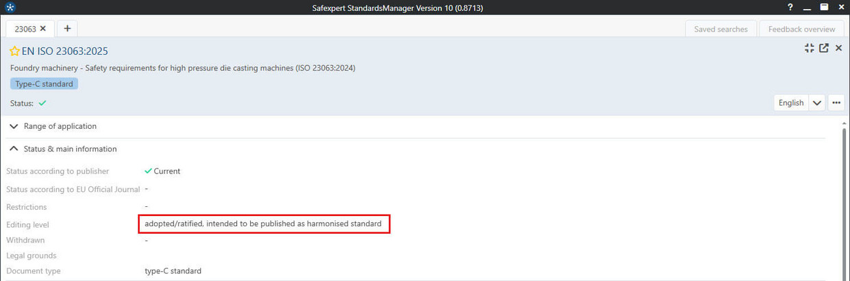 Screenshot of the bibliographical data of the standard EN 13001-2 in Safexpert