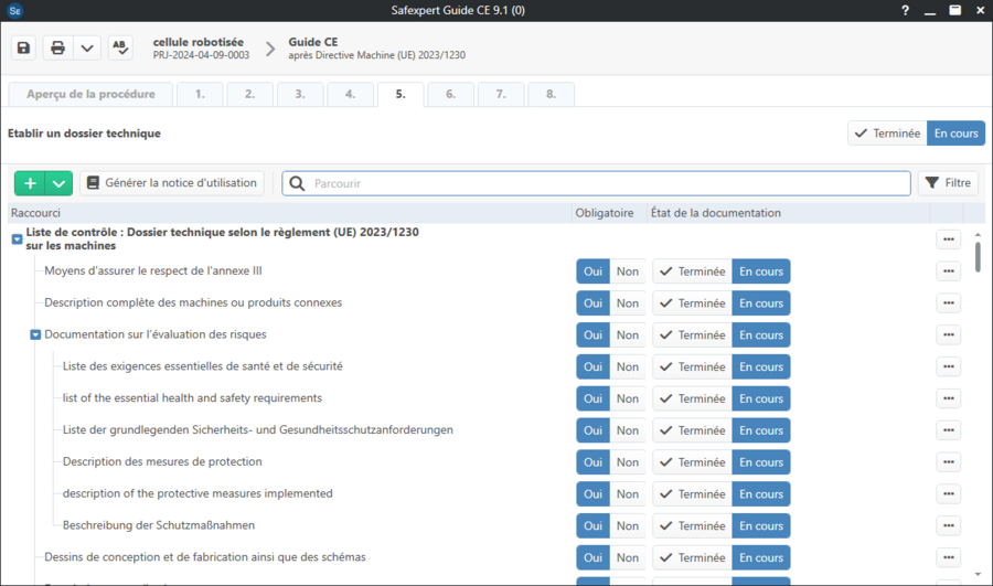 Capture d'écran de Safexpert 9.1 - Guide CE et liste Ceck des documents techniques