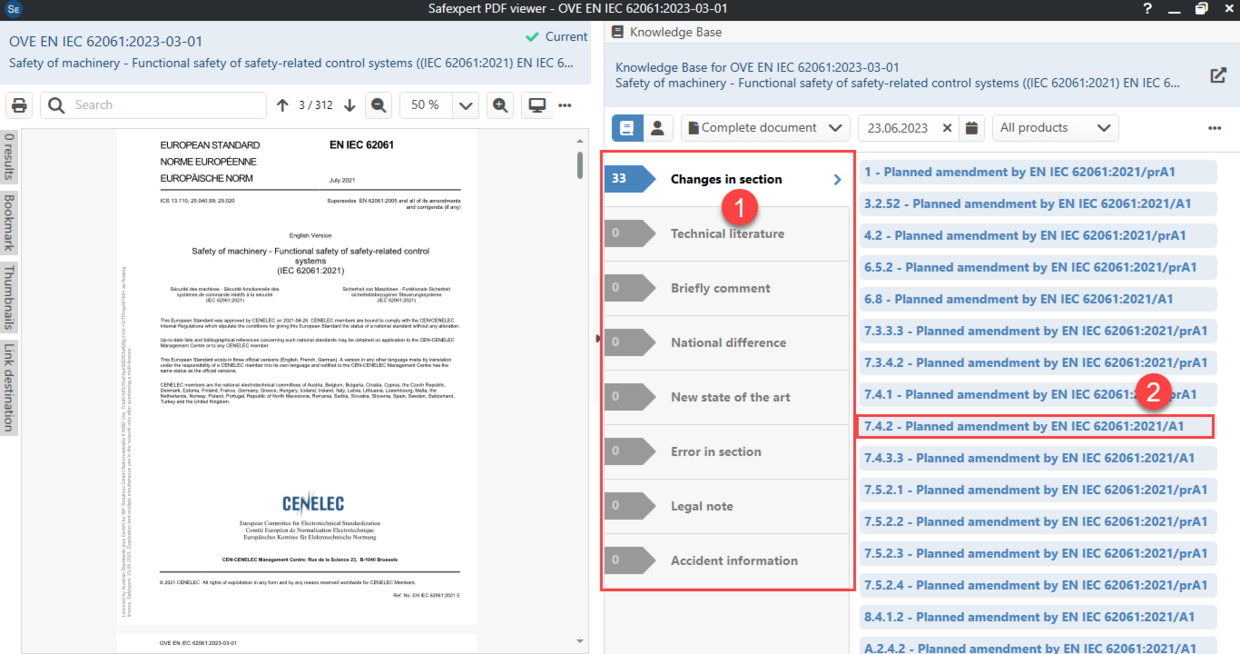 Screenshot of the EN IEC 62061 Knowledge Base and the additional knowledge available