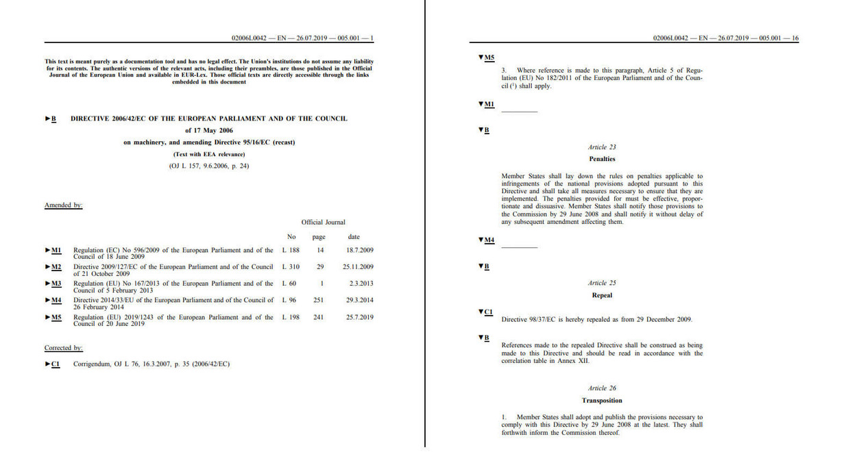 Screenshots of two pages of the consolidated version of the machinery directive
