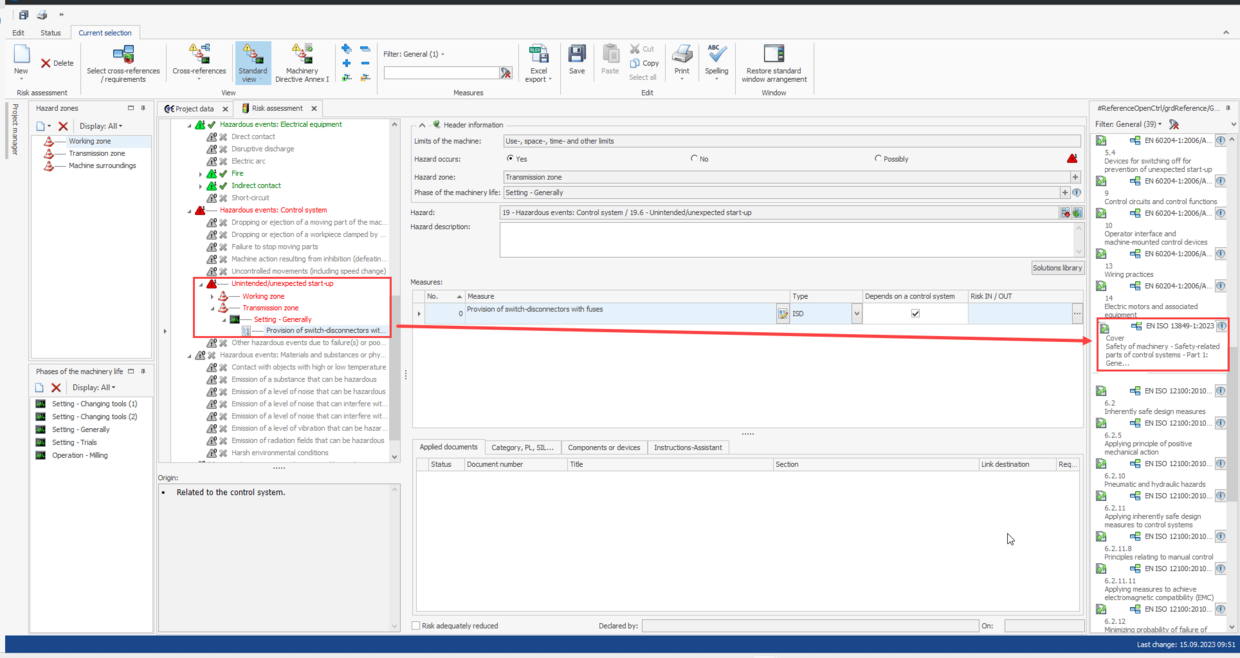 Screenshot from Safexpert risk assessment - cross reference list to en iso 13849-1