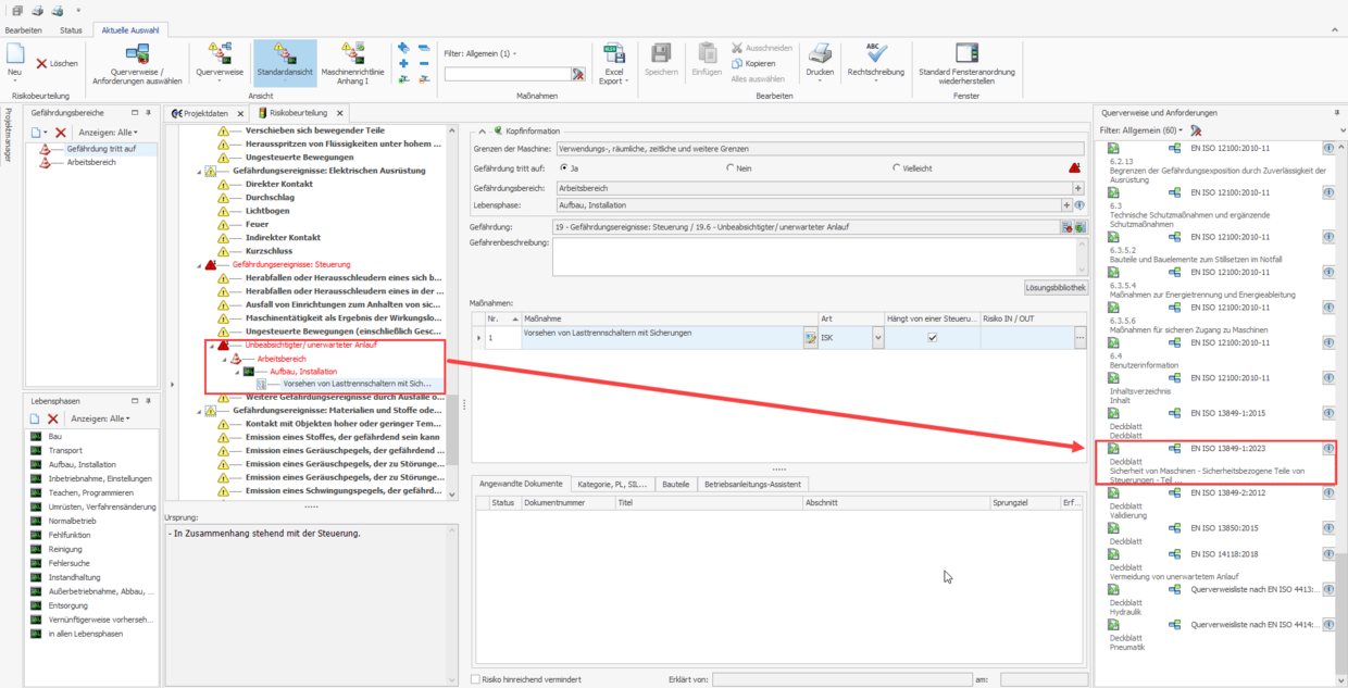 Screenshot aus Safexpert mit Verweisung zu einer Querverweisliste nach EN ISO 13849-1:2023