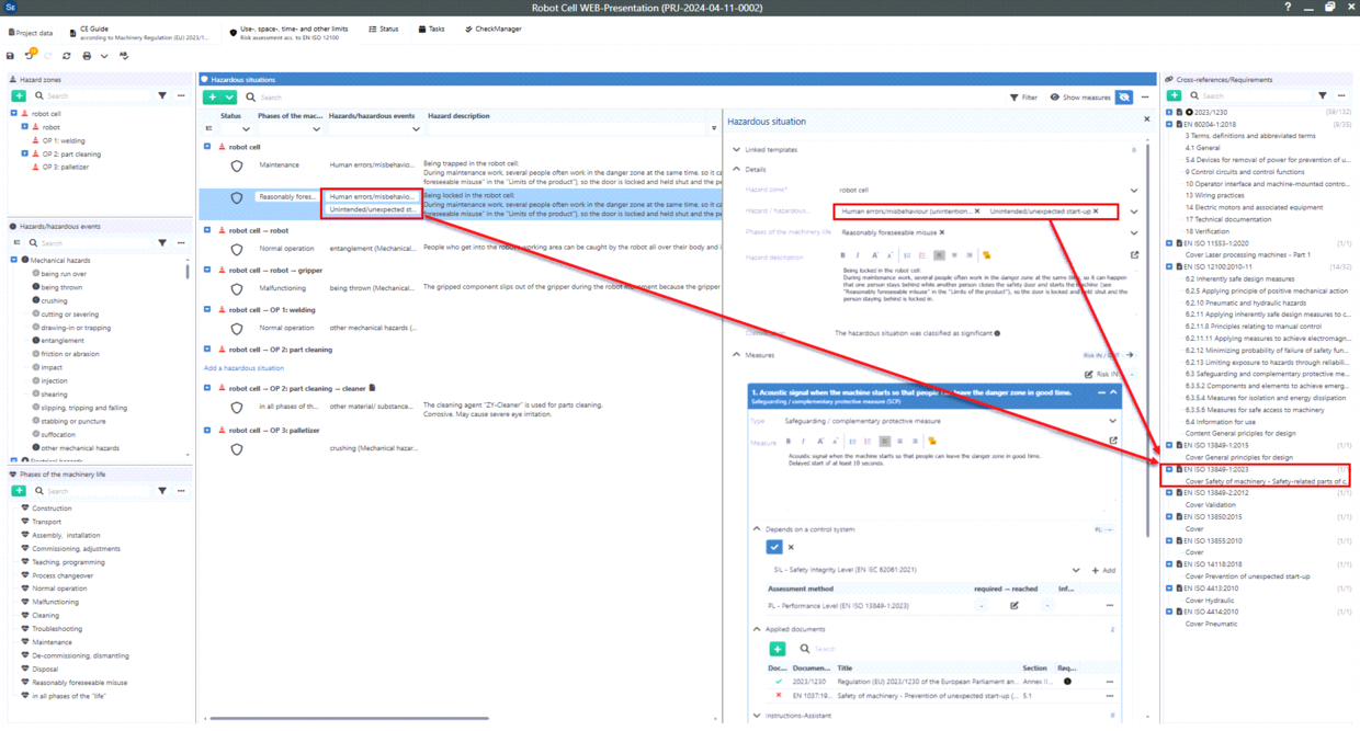 Screenshot from Safexpert risk assessment - cross reference list to en iso 13849-1
